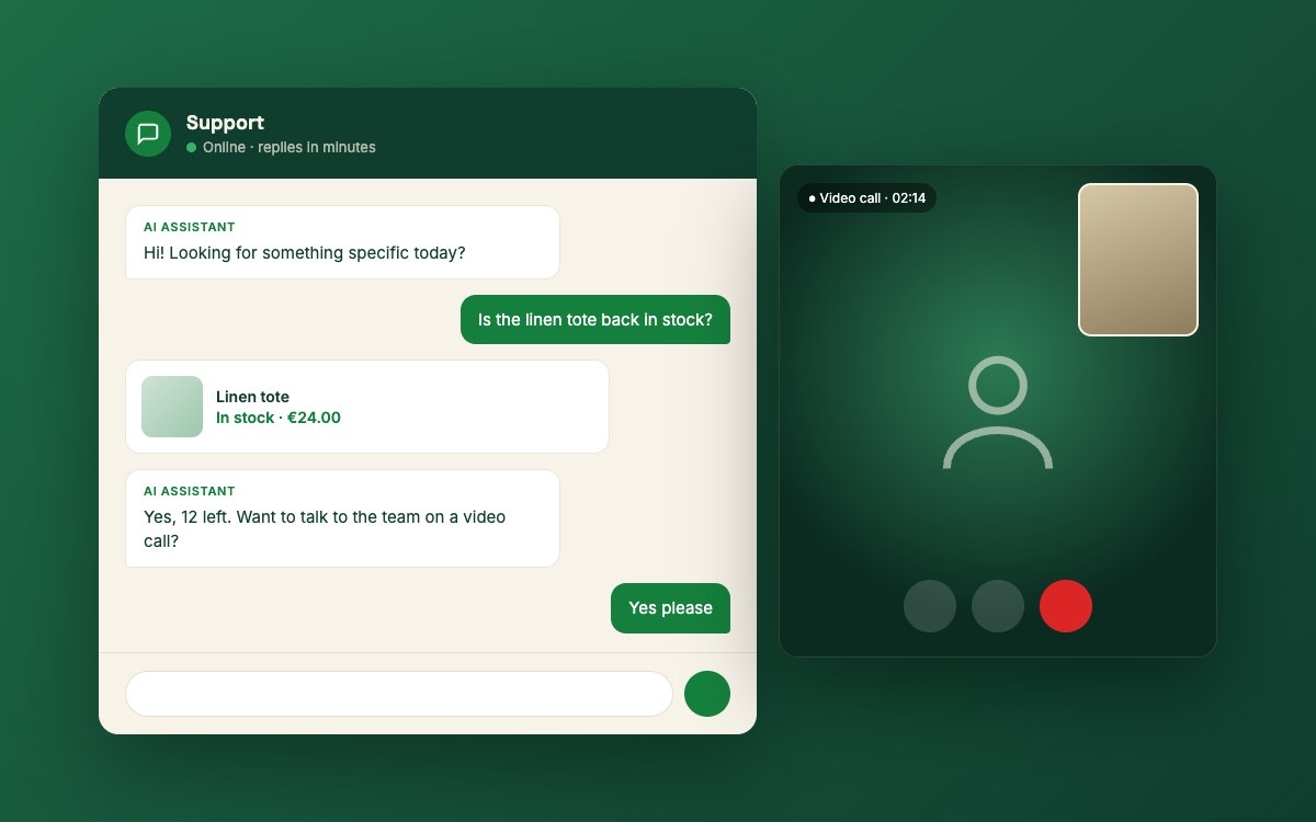 Illustration of a live chat window with an AI assistant and a video call panel