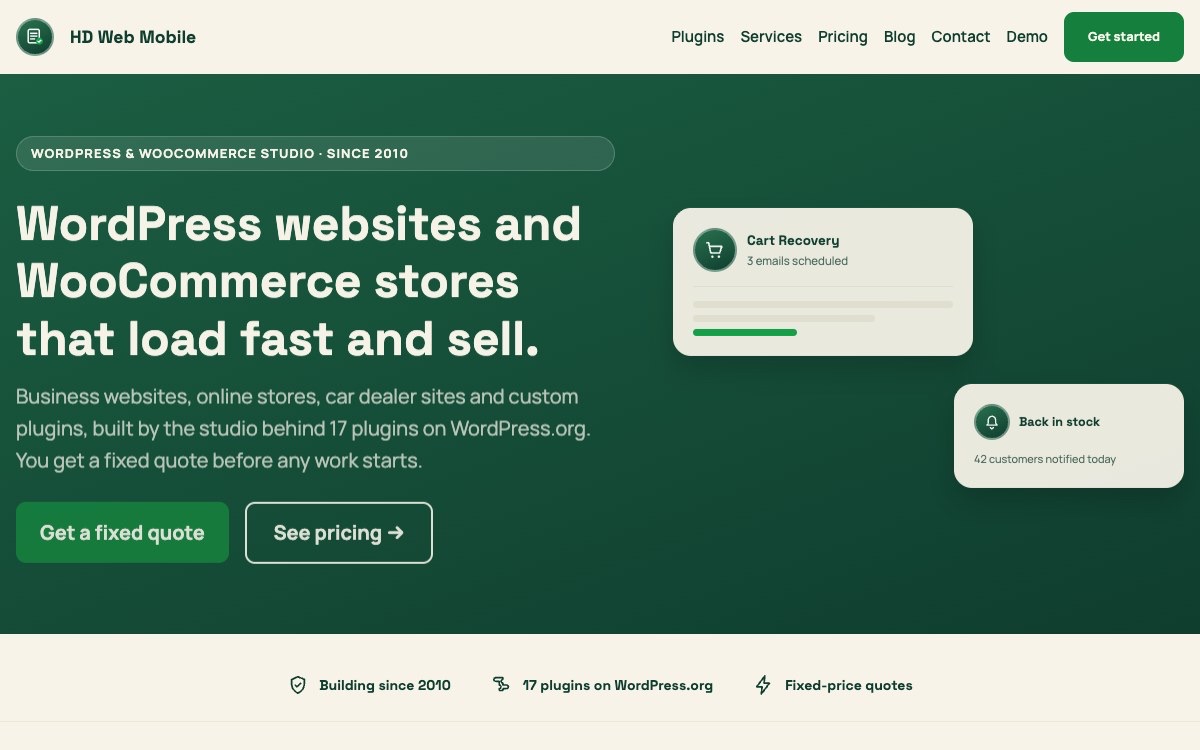 Home page of hdwebmobile.com built on a WordPress block theme